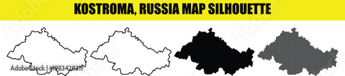 Kostroma oblast map silhouette collection featuring four different styles of russian region for geography design.