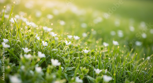 Dewy green grass with small white flowers on a sunny morning in a meadow.