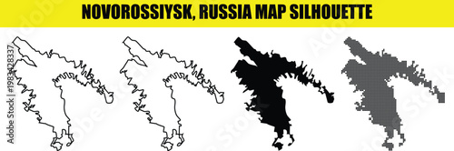 Novorossiysk russia map silhouette collection featuring outline solid black and halftone dot vector illustrations.