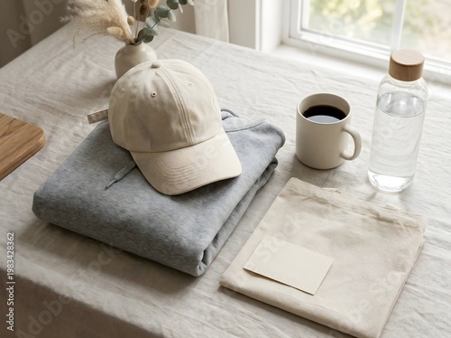 Casual clothing coffee and water on a light colored surface