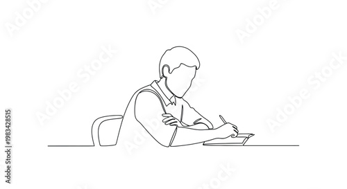 Continuous single line art of person writing or studying at a desk