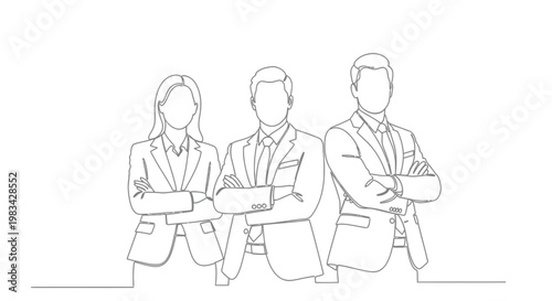 Continuous line art of diverse business team standing with folded arms