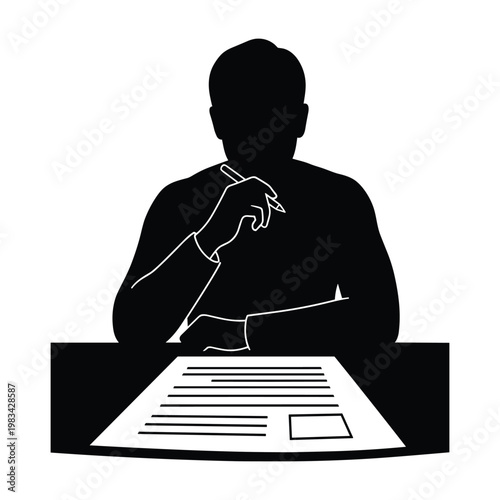 Man at desk writing with pen, reviewing document, thinking