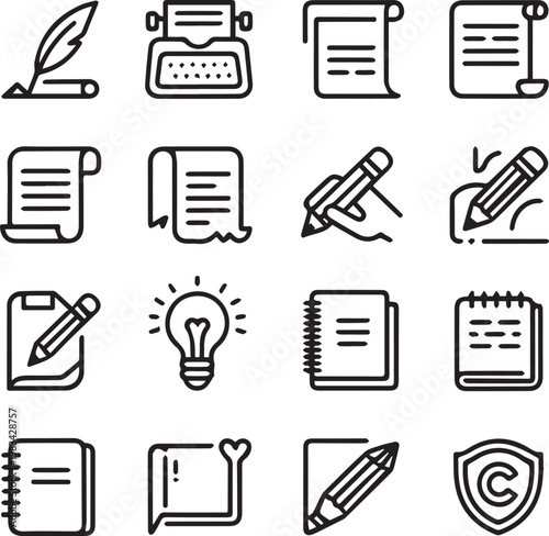 Writing and literature icon set featuring quill typewriter notebook and lightbulb