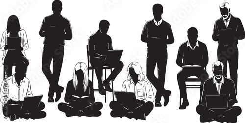 Twelve black silhouettes of people sitting and standing with devices outdoors