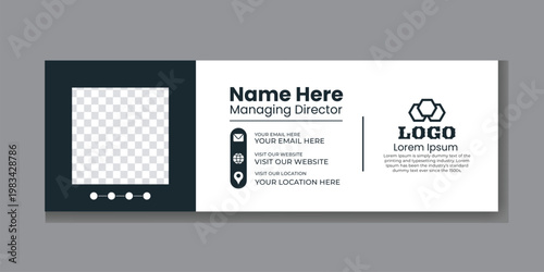 Corporate email signature template design with professional dark theme layout featuring modern typography and contact information icons for digital business communication and branding identity.