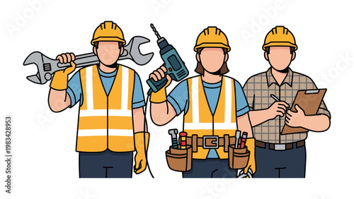 Construction Crew: A close-up shot of a construction crew is ready for work with tools like wrenches, drills, and clipboards, with safety vests and helmets.