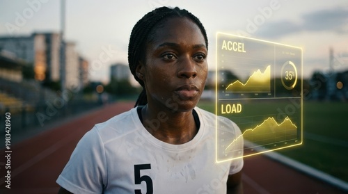Female athlete running with holographic acceleration tracking hud for biomechanical load analysis and advanced sports tech concept.
