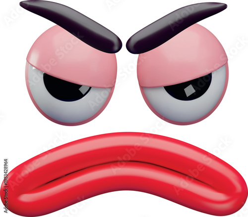 3D cartoon face with sad emotion, serious eyes, mouth and eyebrows, vector realistic comic facial suspicious expression