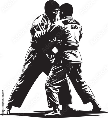 Two judoka athletes in black and white dynamic grappling stance martial arts
