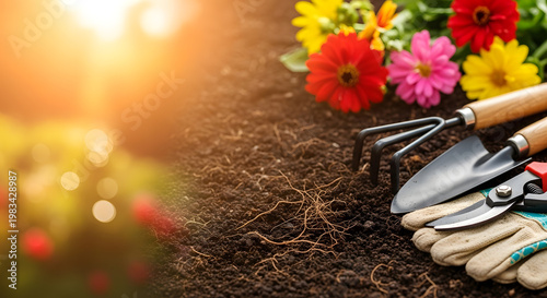 Gardening tools and colorful flowers on dark soil with sunny glow.