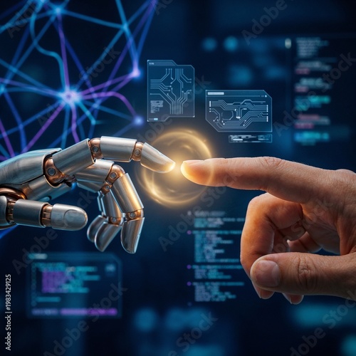 Futuristic human and robot touching fingertips, inspiring collaboration, representing artificial intelligence connection and innovation, against a dark blue digital technology background