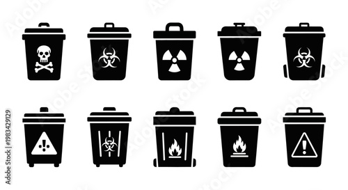 Hazardous waste icons, toxic trash cans, biohazard symbols, warning signs, 10 vector graphics