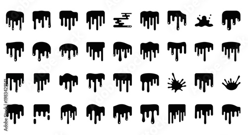 Dripping ink icons, black paint splatters, liquid droplet symbols, grunge graphics set