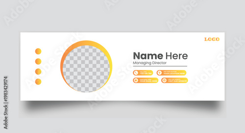 Gradient colored email signature template with round profile picture placeholder name title contact details and logo for business communication.