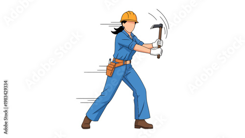 Construction Worker Action: A determined construction worker swings a hammer with focus and precision. A symbol of strength and progress.