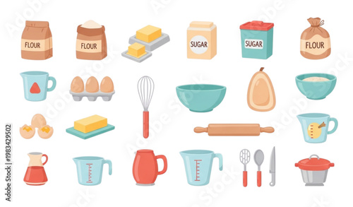 Cartoon kitchen baking vector set with ingredients utensils and tools including flour sugar butter eggs and mixing equipment in cute flat style isolated on white background