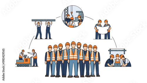 Construction Crew: A collection of builders, engineers, and workers collaborating in a construction project, showcasing a complete project from planning to execution.