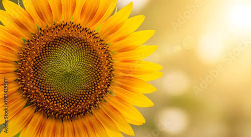 Large sunflower head filling frame with golden petals and green center in morning light.