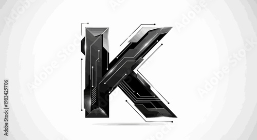 Abstract futuristic capital letter k design in shades of gray on white backdrop