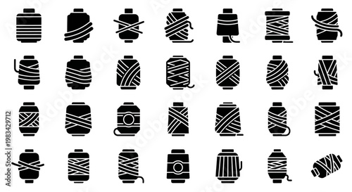 Black tea cup icons, wrapped tea cups, striped mug set, 25 black and white vector graphics