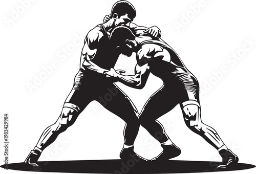 Two male judoka grappling in dynamic black and white athletes competition