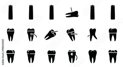 Dental icons, tooth silhouettes, dental care symbols, black vector graphics, medical illustrations