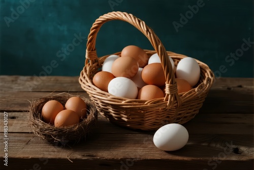 Basket of brown and white eggs on wooden table with nest and single egg nearby