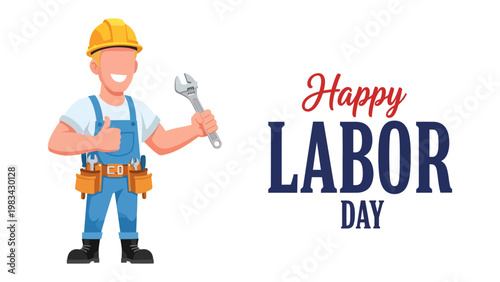 Celebrating Labor Day: A cartoon illustration of a construction worker, radiating positivity, thumbs up, and holding a wrench as a symbol of hard work