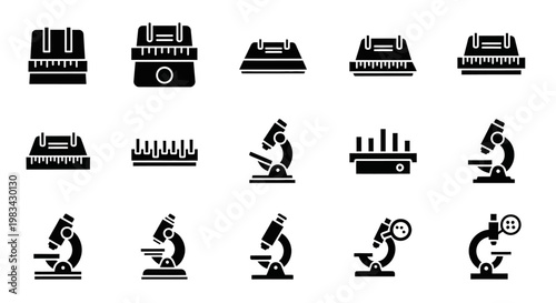Science, laboratory, microscope icons, lab equipment symbols, 16 black vector graphics