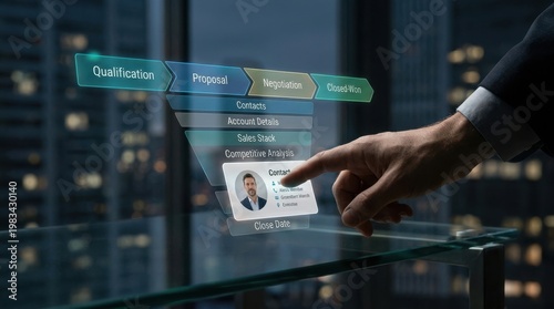 Professional sales manager touching holographic CRM interface for sales funnel management and futuristic business analytics concept.
