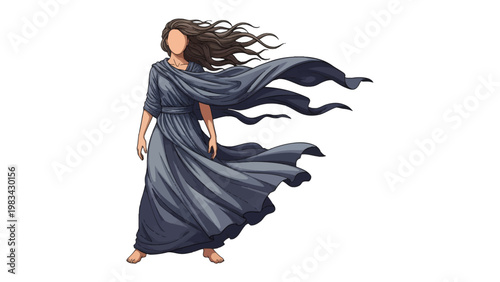 Windblown Elegance: A woman, draped in flowing fabric, stands gracefully against the wind, her hair and gown billowing freely in a display of dynamic movement and ethereal beauty.