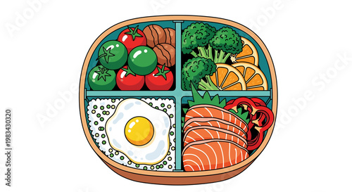 Delicious healthy food in divided plate with egg salmon vegetables and fruits