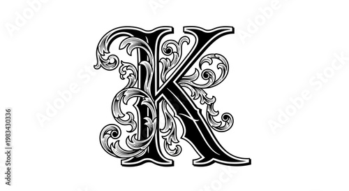 Elegant black and white letter k with ornate floral design isolated
