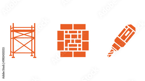 Construction Tools Illustrated: Set of construction icons featuring a scaffold, brick wall, and drill.