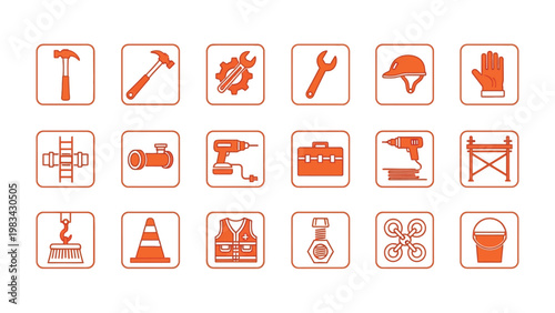 Construction Icons Array: A collection of various construction tools and equipment arranged in a grid, ideal for representing the construction industry or related fields.
