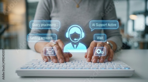Professional using digital holographic interface for AI chatbot communication and futuristic helpdesk service concept.
