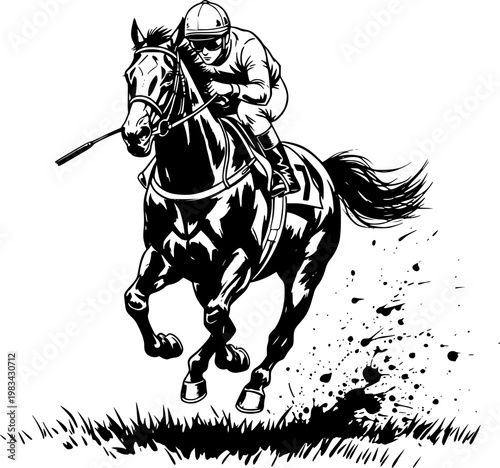 Horse Racing Jockey Riding Racehorse Jumping Forward Dynamic Ink Illustration Black and White