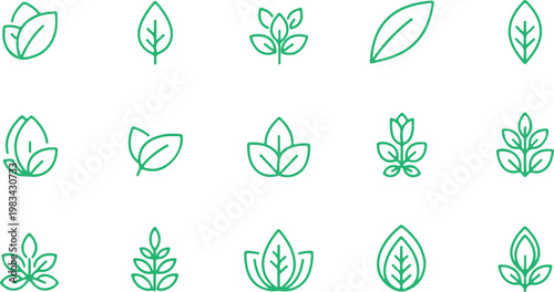 Collection of green leaf icons representing nature, growth, and organic concepts, perfect for branding and design
