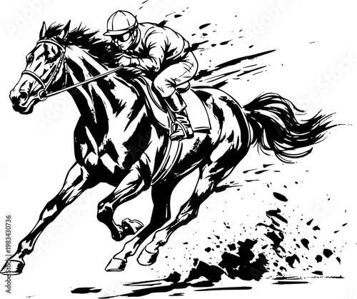 Fast Running Racehorse with Jockey Speed Motion Dynamic Horse Racing Black and White Illustration