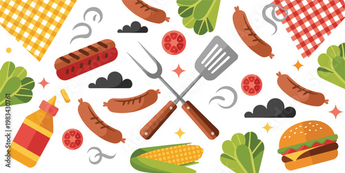 Barbecue grill party vector set with sausages burger corn and picnic tools for summer cookout restaurant menus and backyard dining designs.