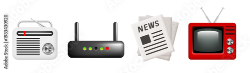 Television, radio, internet, and press. Mass media icons. Vector 3D icons isolated on white background.