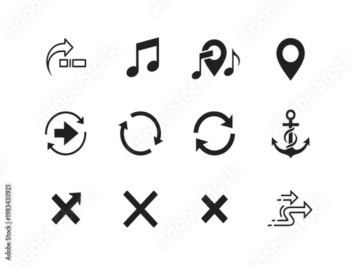 set of music, location, and prohibition symbols flat design vector illustration