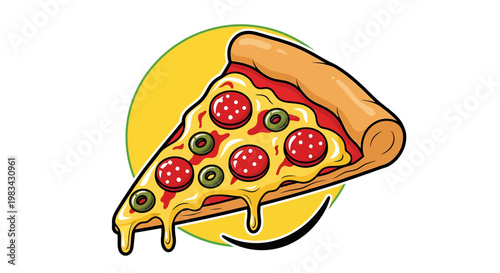 A slice of pizza with melted cheese and toppings on a yellow circle