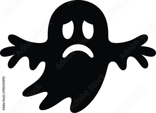 Scary ghost silhouette vector illustration featuring a sad spooky phantom with outstretched arms isolated on white background for Halloween decor.