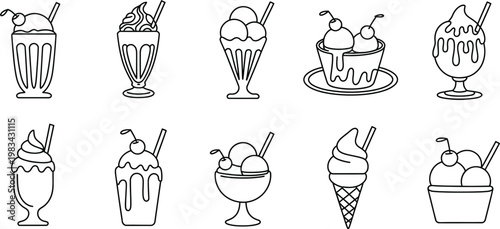 Collection of sweet dessert line art symbols including soft serve cones cherry topped sundaes and frozen yogurt treats vector design.