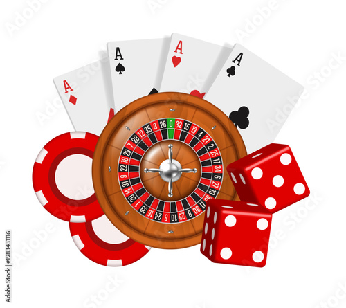 Roulette, cards, chips, and dice. Vector 3D illustration.