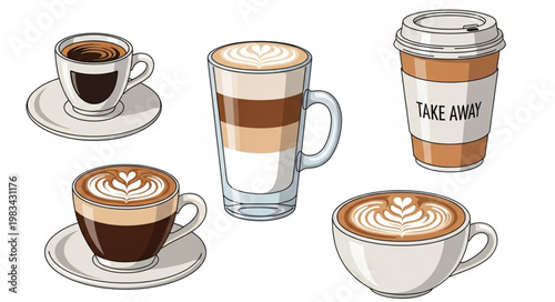 Assortment of Coffee Drinks in Cups and Takeaway Container.