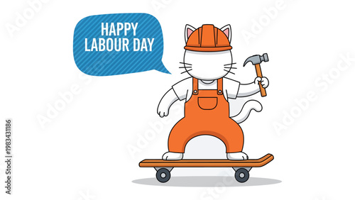 Labour Day Cat: A whimsical illustration of a cat, dressed in work attire and atop a skateboard, wishing a Happy Labour Day with a playful flair.