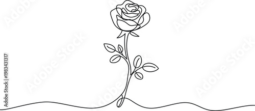 Single continuous line drawing of a beautiful blooming rose flower with a long stem and leaves on white background vector.